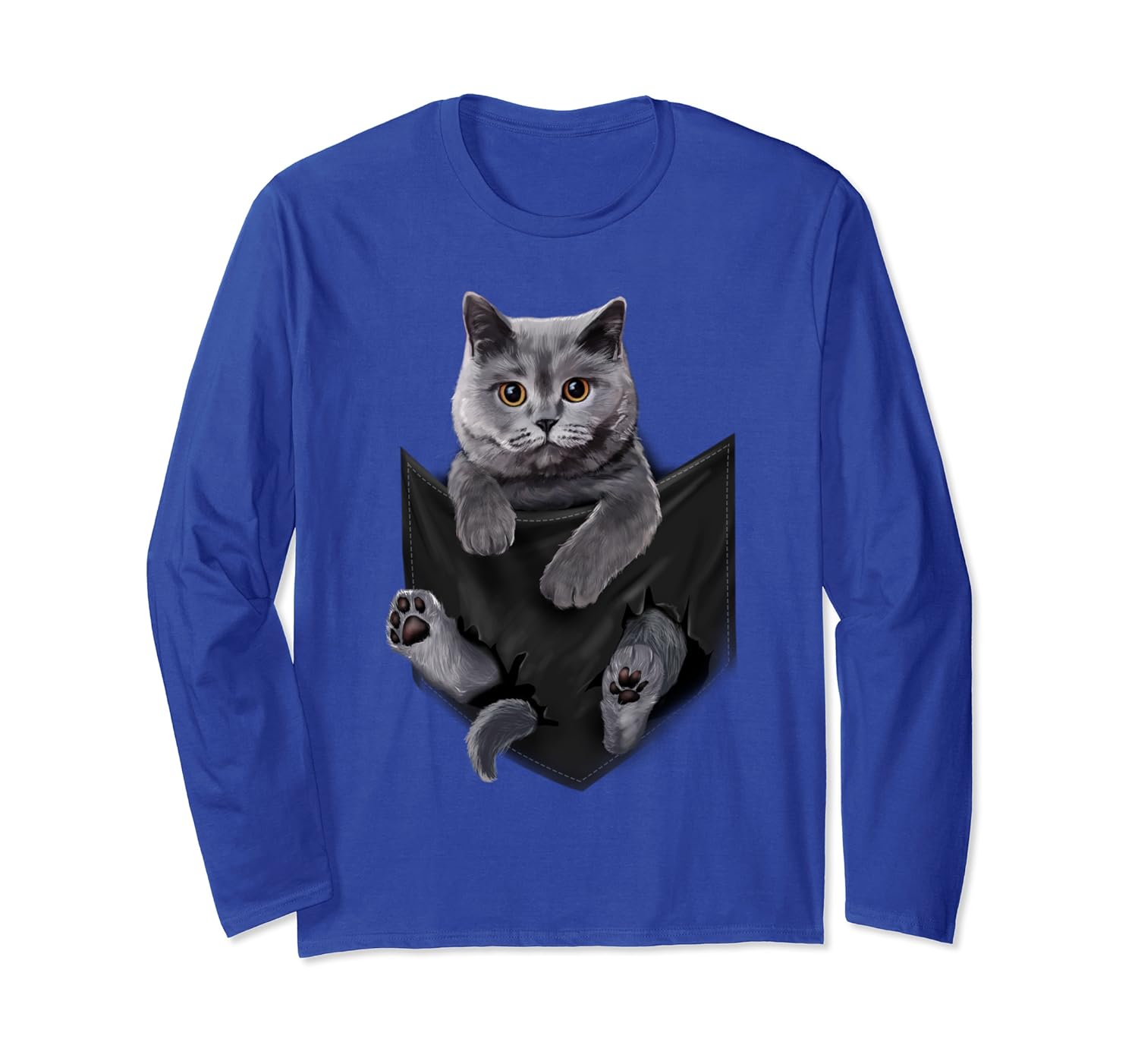 British Grey Cat in Pocket Long Sleeves Cats Tee Shirt Gifts